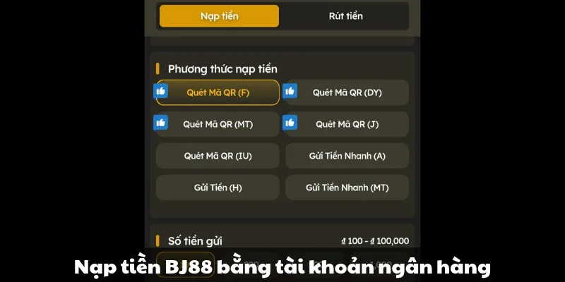 Nạp tiền BJ88 bằng phương thức chuyển khoản ngân hàng